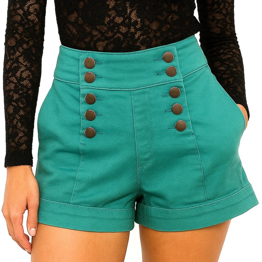 Vintage Y2K Blue High Waisted Shorts Hot Pants Button Up Turquoise Teal Retro 0